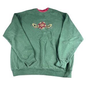 Vintage Holiday Sweatshirt, Christmas Poinsettia Embroidery | Size Large